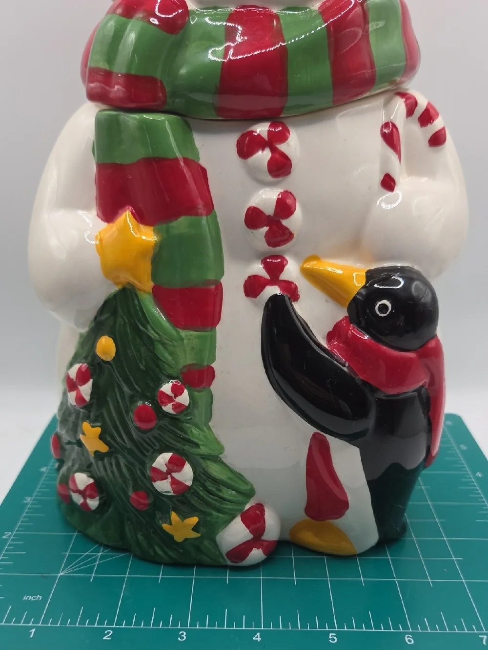 Festive Ceramic Snowman Cookie Jar - With Pknguin. Vintage